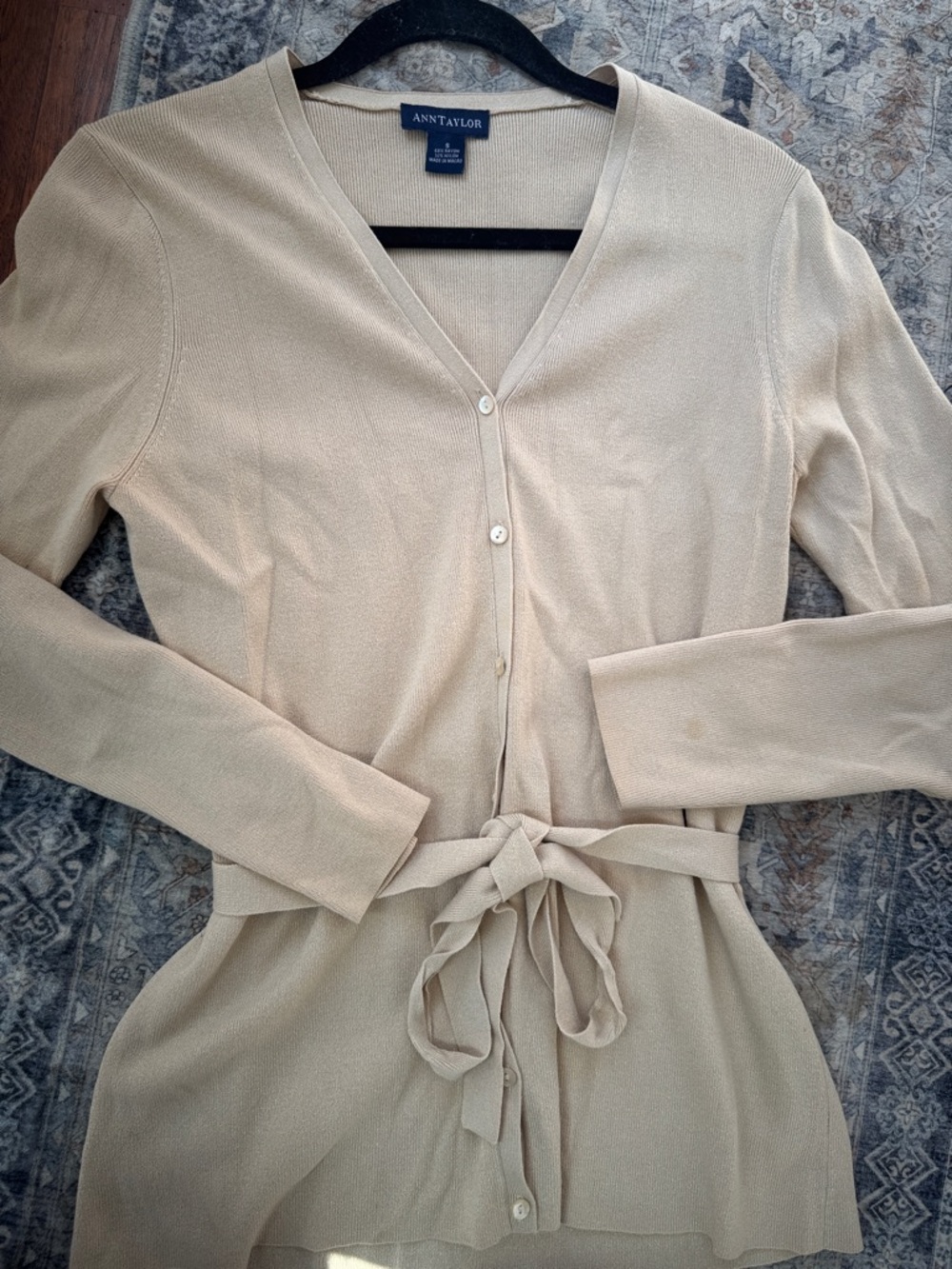 Ann Taylor Beige Tie-Waist V-Neck Cardigan